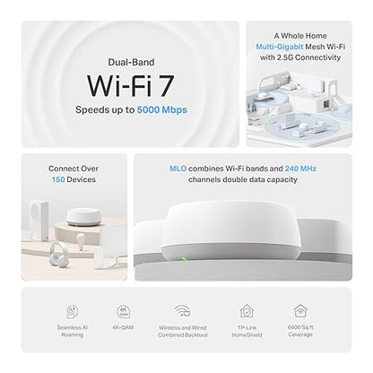 TP-Link Deco BE5000 Dual-Band WiFi 7 Mesh System (Deco BE25) – Supports 150+ Devices, 5GHz/2.4GHz, 2.5Gbps Ports, MLO, 4K-QAM, HomeShield Security, Universal Compatibility (3-Pack)