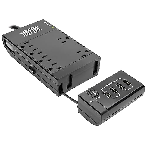 TRIPP LITE Safe-IT Surge Protector with Retractable Charging Station, 6-Outlets, 4-USB Fast Charging Ports, Hospital-Grade Protection, 8ft / 2.4M Cord, $50,000 Insurance, (TLP68UBAM), Black
