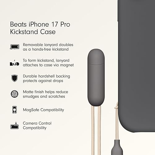 Beats iPhone 17 Pro Kickstand Case with MagSafe & Camera Control, Built in Stand & Lanyard, Matte Finish with Microfibre Lining – Granite Grey iPhone 17 Pro Kickstand Granite Grey
