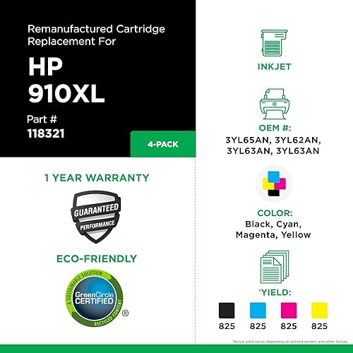 Remanufactured Ink Cartridges Replacement for HP 910XL | Black High Yield, Cyan, Magenta, Yellow 4-Pack