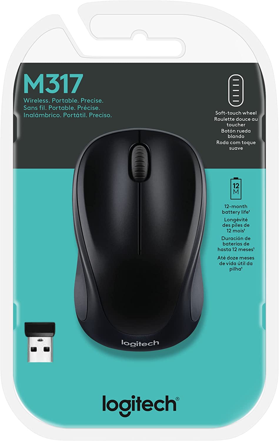 Logitech M317 Wireless Mouse, 2.4 GHz with USB Receiver, 1000 DPI Optical Tracking, 12 Month Battery, Compatible with PC, Mac, Laptop, Chromebook - Black