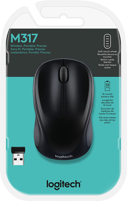 Logitech M317 Wireless Mouse, 2.4 GHz with USB Receiver, 1000 DPI Optical Tracking, 12 Month Battery, Compatible with PC, Mac, Laptop, Chromebook - Black