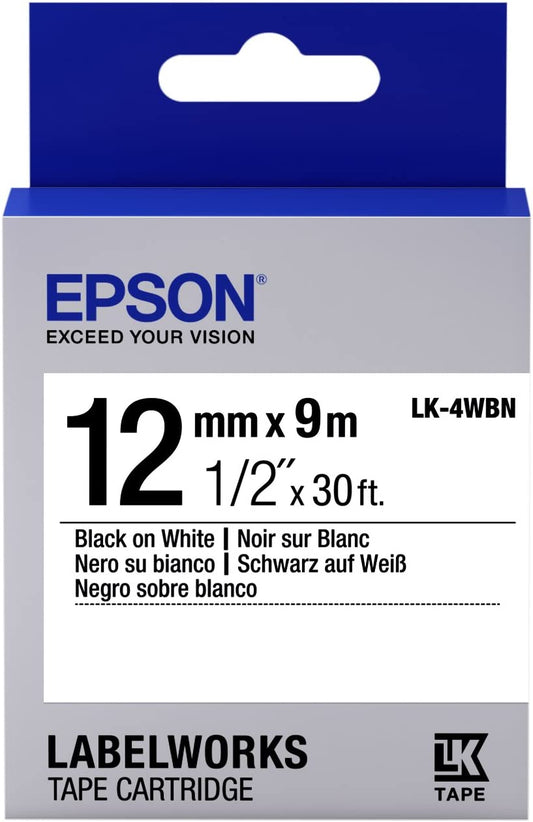 Epson LabelWorks Standard LK (Replaces LC) Tape Cartridge ~1/2" Black on White (LK-4WBN) - for use with LabelWorks LW-300, LW-400, LW-600P and LW-700 Label Printers