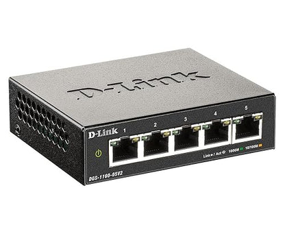 D-Link 5-Port Gigabit Smart Managed Desktop Switch, Layer 2 Features, VLANs, Cable Diagnostics, Compact, Fanless, Energy Saving Features, WebSmart Web GUI, EasySmart (DGS-1100-05V2)