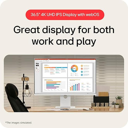 LG 36.5” 4K UHD IPS Smart Monitor 37U730SA-W, webOS, USB-C 65W, AirPlay 2, Bluetooth, ThinQ App, Netflix, Prime, Disney+, YouTube, Apple TV, Remote PC Access, Adjustable Stand 37" VA UHD 3840 x 2160