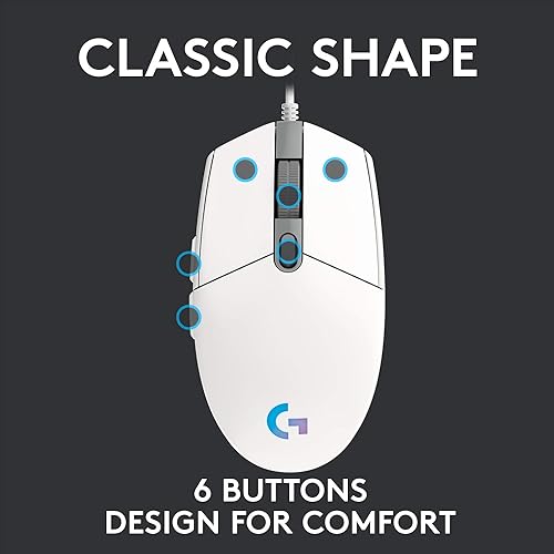 Logitech G203 Wired Gaming Mouse, 8,000 DPI, Rainbow Optical Effect LIGHTSYNC RGB, 6 Programmable Buttons, On-Board Memory, Screen Mapping, PC/Mac Computer and Laptop Compatible - White White Mouse