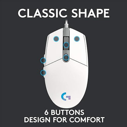 Logitech G203 Wired Gaming Mouse, 8,000 DPI, Rainbow Optical Effect LIGHTSYNC RGB, 6 Programmable Buttons, On-Board Memory, Screen Mapping, PC/Mac Computer and Laptop Compatible - White White Mouse