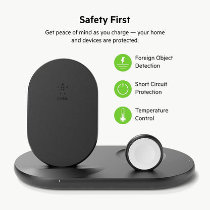 Belkin 3-in-1 Wireless Charger - Fast Wireless Charging Stand for Apple iPhone, Apple Watch &amp; AirPods - iPhone Case Compatible Qi Charger - Wireless Charging Station For Multiple Devices - Black Black Charger