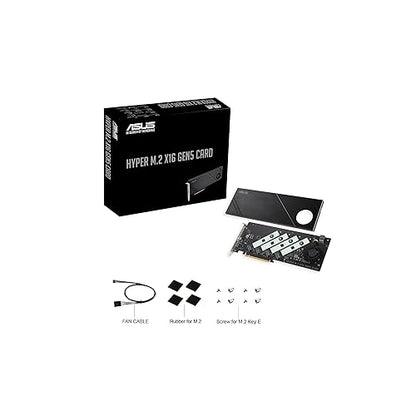 ASUS Hyper M.2 x16 Gen5 Card (PCIe 5.0/4.0) Supports Four NVMe M.2 (2242/2260/2280/22110) Devices up to 512 Gbps for AMD and Intel® Platform RAID Functions.