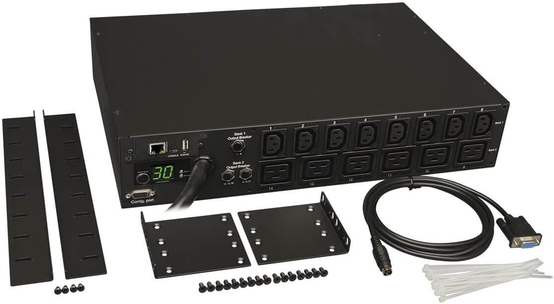 Tripp Lite 5.8kW Single-Phase Switched PDU with LX Platform Interface, 208/240V Outlets (8 C13 &amp; 6 C19), L6-30P input, 15ft Cord, 2U Rack-Mount, TAA (PDUMH30HV19NET),Black Switched (14 Outlet) Outlet