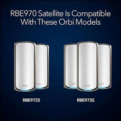 NETGEAR Orbi 970 Series Quad-Band WiFi 7 Mesh Add-on Satellite (RBE970) - Works with Orbi RBE972S and RBE973S, Adds Coverage Up to 3,300 sq. ft., BE27000 802.11be (Up to 27Gbps)