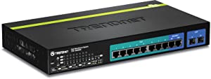 TRENDnet 10-Port Gigabit Web Smart PoE+ Switch, 8 x PoE+ Gigabit Ports, 2 x Gigabit Ethernet Ports, 2 x Shared SFP Slots, 75W Total Power Budget, Rack Mountable, Lifetime Protection, Black, TPE-1020WS 8 Port PoE+| 2 x SFP Web-Smart