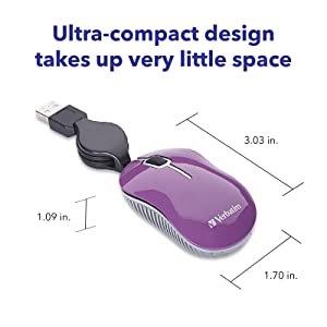 Verbatim Wired Optical Computer Mini USB-A Mouse - Plug &amp; Play Corded Travel Mouse – Purple 98617 PURPLE USB-A