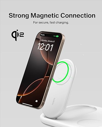 Belkin 3-in-1 MagSafe-Compatible iPhone Charger 15W, Foldable Magnetic Qi2-Certified Wireless Charging Station for iPhone 17, Apple Watch Series 10, AirPods 4, and More, w/Non-Slip Base & PSU - White