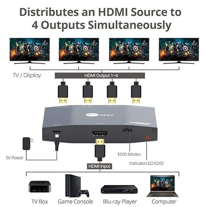SIIG 4K HDMI Splitter 1 in 4 Out, HDR with EDID, 1x4 HDMI Splitter, HDCP 2.2/1.4, HDR, 18Gbps Bandwidth, EDID Management, TAA Compliant (CE-H26K11-S1) 1 in 4 Out HDMI Splitter