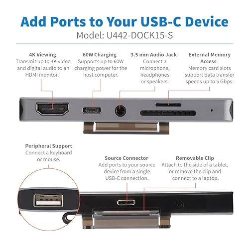 Tripp Lite USB-C Dock with 4K HDMI, USB-A, Memory Card Slots, PD Charging, Portable Hub, Thunderbolt 3 Compatible, Gray (U442-DOCK15-S)