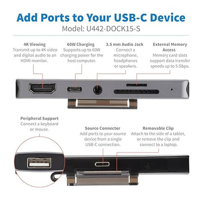 Tripp Lite USB-C Dock with 4K HDMI, USB-A, Memory Card Slots, PD Charging, Portable Hub, Thunderbolt 3 Compatible, Gray (U442-DOCK15-S)