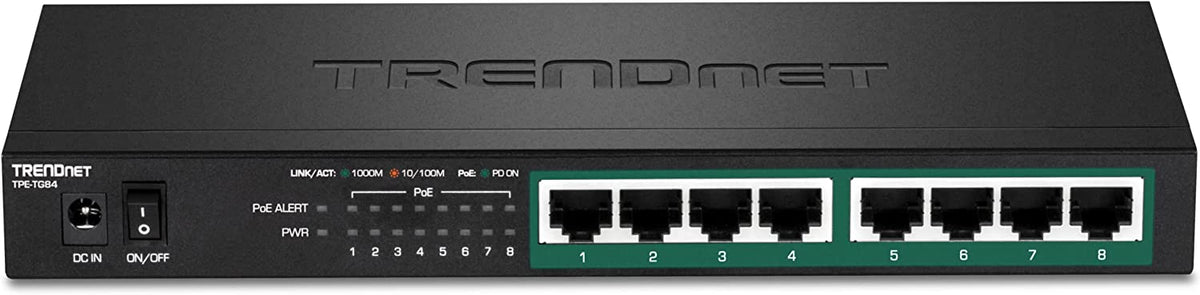 TRENDnet 8-Port Gigabit PoE+ Switch, 120W PoE Power Budget, 16Gbps Switching Capacity, IEEE 802.1p QoS, DSCP Pass-Through Support, Fanless, Wall Mountable, Lifetime Protection, Black, TPE-TG84