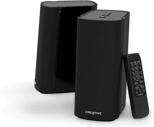 Creative T100-2.0 Compact Hi-Fi Desktop Speakers, up to 80W Peak Power with Bluetooth 5.0, Optical-in, AUX-in, Wide Soundstage and Audio Clarity with Bass Control for Computers and Laptops (Black)