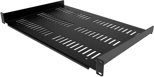 Middle atlantic 1U Server Rack Shelf - Universal Vented Rack Mount Cantilever Tray for 19" Network Equipment Rack &amp; Cabinet - Heavy Duty Steel – Weight Capacity 44lb/20kg - 12" Deep Shelf, Black (SHELF-1U-12-FIXED-V) 1U 12" Depth