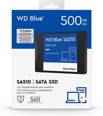 Western Digital 500GB WD Blue SA510 SATA Internal Solid State Drive SSD - SATA III 6 Gb/s, 2.5"/7mm, Up to 560 MB/s - WDS500G3B0A
