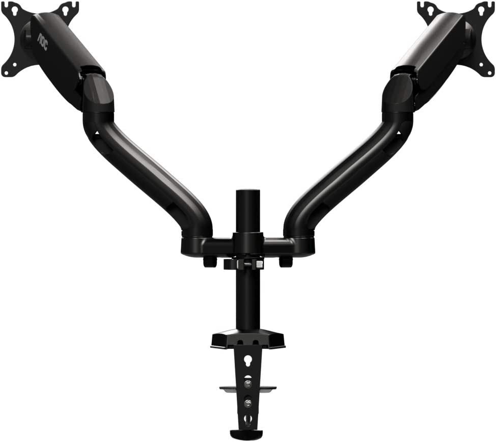 AOC AD110D0 - Dual Computer Monitor Arm Mount, Gas Struts Supporting up to 19.4 lbs and up to 27" on Each arm. Grommet and C-clamp mounts Included. Easy Swivel, tilt, Rotate for Ergonomic Setup.