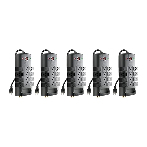 Belkin Surge Protector w/ 8 Rotating & 4 Standard Outlets (Pack of 5) - 8ft Sturdy Extension Cord with Flat Pivot Plug for Home, Office, Travel, & Desktop - Power Strip - 4320 Joules 5 Pack