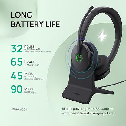 Yealink BH74 with Stand ANC Wireless Bluetooth Headset with Mic for Work, 6-mics Hybrid ANC Tech, Microsoft Teams Premium Open Of?ce Certified Headsets, up to 32h Talking Battery Life, Zoom Certified Black (Teams) BH74+Stand (USB-C to A)