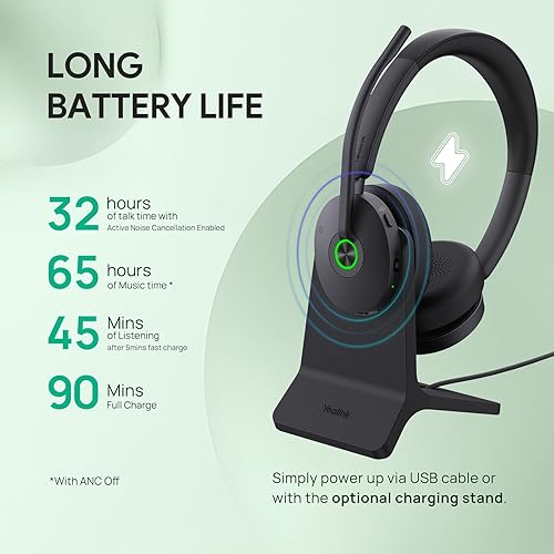 Yealink BH74 with Stand Active Noise Canceling Wireless Headset with Mic for Work, 6-mics Hybrid ANC Microsoft Teams Premium Open Of?ce Certified Headsets Bluetooth 5.3, up to 32h Talk, UC Compatible Black (Uc) BH74+Stand (USB-C to A)