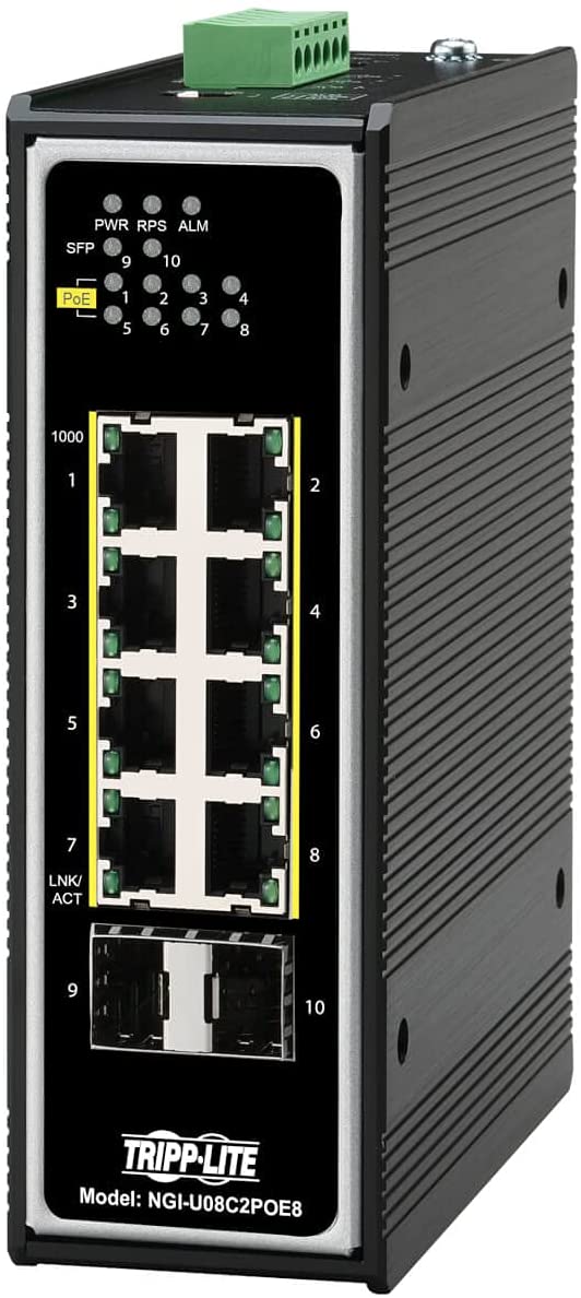 Tripp Lite Industrial 8 Port PoE+ Ethernet Switch 10/100/1000 Mbps -40° to 167°F Unmanaged TAA Compliant 30W 2 SFP DIN Mount (NGI-U08C2POE8)