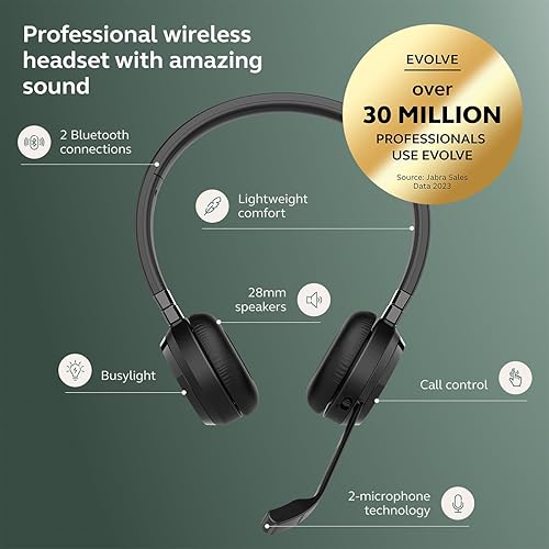 Jabra Evolve 65 TE (Third Edition) Wireless Dual-Ear Headphones - Noise-Canceling Mic, 16 hrs Battery Life, Dual Connectivity, Works with All UC Platforms Like Zoom & Google Meet, Black