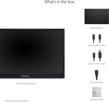 ViewSonic VX1755 17 Inch 1080p Portable IPS Gaming Monitor with 144Hz, AMD FreeSync Premium, 2 Way Powered 60W USB C, Mini HDMI, and Built in Stand with Cover for Home and Esports 17 Inch Gaming