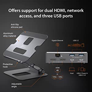J5 create j5create Laptop Stand with USB C Dual HDMI Display Hub - 2 USB A 5Gbps, PD 100W with USB-C 5Gbps, Ethernet | Aluminum Computer Riser for MacBook and Windows Notebook (JTS427)