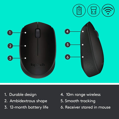 Logitech M170 Wireless Mouse, 2.4 GHz with USB Mini Receiver, Optical Tracking, 12-Months Battery Life, Ambidextrous PC/Mac/Laptop - Black