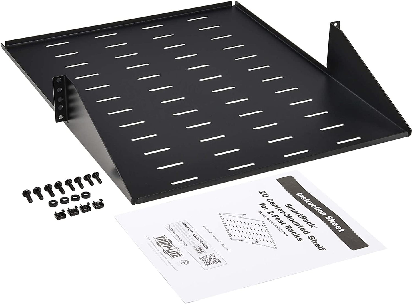 Tripp Lite 2U Center-Mounted Server Rack Enclosure Shelf, Vented Airflow Design, Mount Hardware Included, 21.5 inch Depth, 100 lbs / 45 kg Capacity, 5-Year Warranty (SRSHELF2PCENTER) 21.5" 2U Center-Mounted