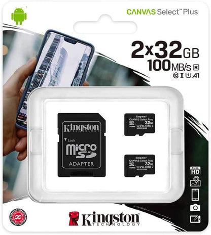 Kingston - Set of 2 Micro SDXC Canvas Select Plus Cards, 100R, A1, C10, 32GB with 1 Adapter