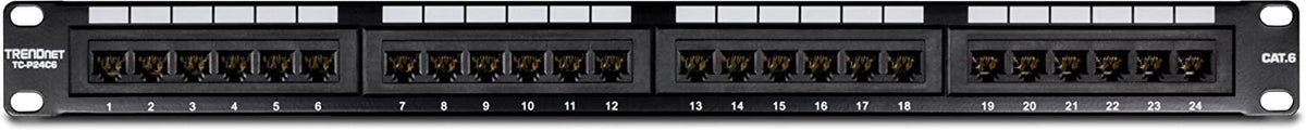 TRENDnet 24-Port Cat6 Unshielded Patch Panel, Wallmount or Rackmount, Compatible with Cat3,4,5,5e,6 Cabling, For Ethernet, Fast Ethernet, Gigabit Applications, Black, TC-P24C6