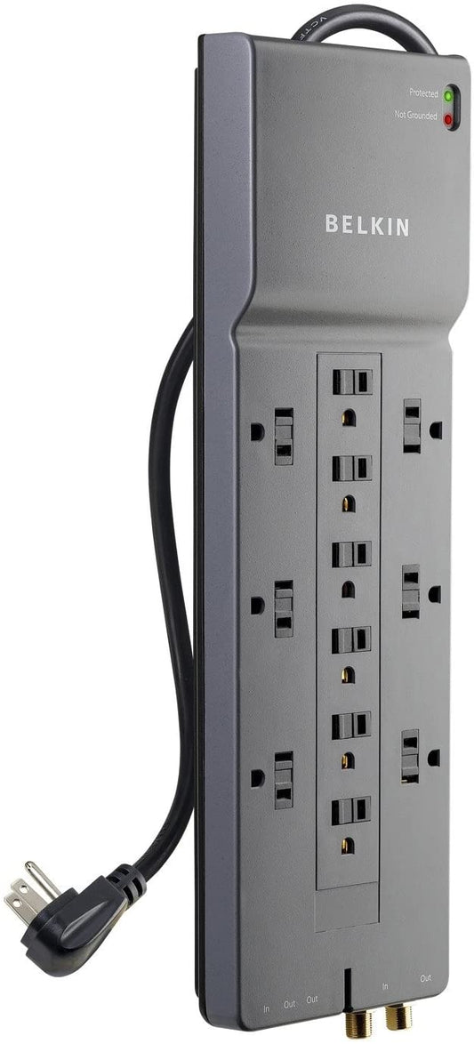 Belkin Power Strip Surge Protector - 12 AC Multiple Outlets &amp; 8 ft Long Flat Plug Heavy Duty Extension Cord for Home, Office, Travel, Computer Desktop, Laptop &amp; Phone Charging Brick (3,940 Joules) 1 Pack