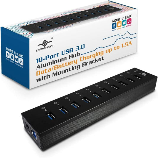 Vantec 10-Port USB 3.0 Hub, Aluminum, Full Powered, Mountable, with All Ports Data &amp; Charging Up to 1.5A, BC 1.2, Premium 12V/5A, 60W Power Adapter (UGT-AH110U3-BK),Black