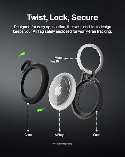 Belkin Apple AirTag Secure Holder with Key Ring - Durable Scratch Resistant Case with Open Face & Raised Edges - Protective AirTag Keychain Accessory for Keys, Pets, Luggage, Backpacks - 4-Pack Black