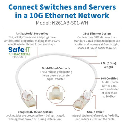 Tripp Lite, Safe-IT, Cat6a, 10G-Certified, Snagless, Slim, Flat, Antibacterial, UTP Ethernet Cable (RJ45 M/M), White, 1 ft. (N261AB-S01-WH)