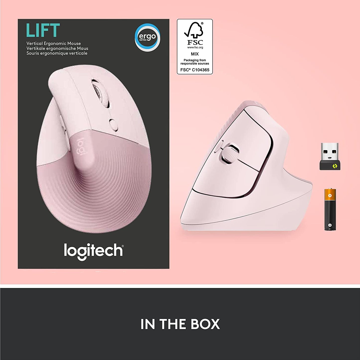 Logitech Lift Vertical Ergonomic Mouse, Wireless, Bluetooth or Logi Bolt USB Receiver, Quiet clicks, 4 Buttons, Compatible with Windows/macOS/iPadOS, Laptop, PC - Rose Right-Handed Mouse ROSE