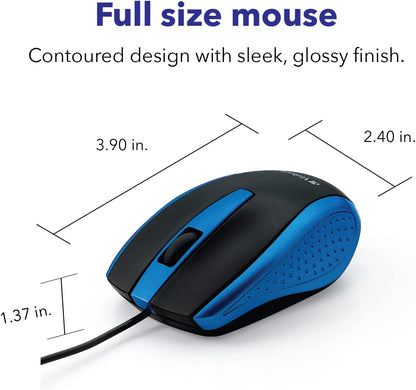 Verbatim Optical Mouse - Wired with USB Accessibility - Mac &amp; PC Compatible - Blue, 1.4" x 2.4" x 3.9"