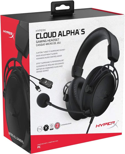 HyperX Cloud Alpha S - PC Gaming Headset, 7.1 Surround Sound, Adjustable Bass, Dual Chamber Drivers, Chat Mixer, Breathable Leatherette, Memory Foam, and Noise Cancelling Microphone – Blackout Black Wired Cloud Alpha S Headset