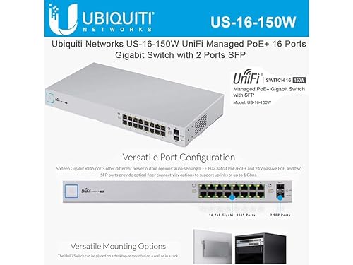 UBIQUITI US-16-150W Networks UniFi Managed PoE Plus 16-Port Gigabit Switch with SFP (150W)