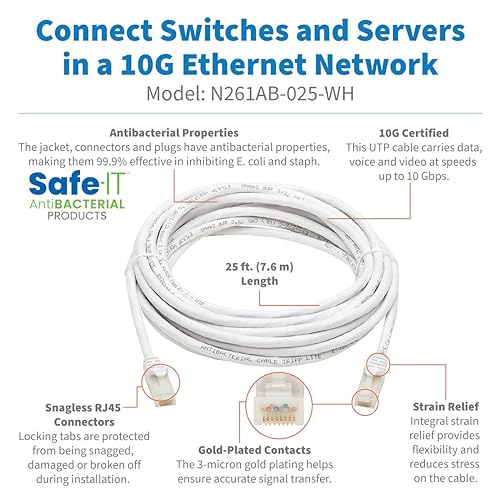 Tripp Lite Safe-IT Cat6a Ethernet Cable Antibacterial Snagless 10G MM 25ft (N261AB-025-WH)