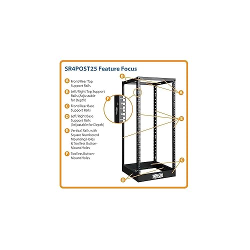 Tripp Lite SR4POST25 25U 4-Post Open Frame Rack Cabinet Square Holes 1000lb Loadcap (Black)