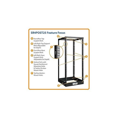 Tripp Lite SR4POST25 25U 4-Post Open Frame Rack Cabinet Square Holes 1000lb Loadcap (Black)