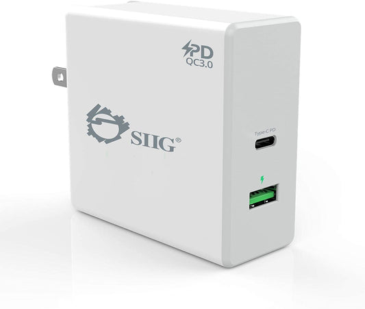 SIIG 65W USB Type C Wall Charger (USB C Power Adapter/USB C Laptop Charger/USB-C PD Charger) with Power Delivery &amp; QC 3.0 USB Port for MacBook Pro, Laptops with USB C Charging, Smart Phones