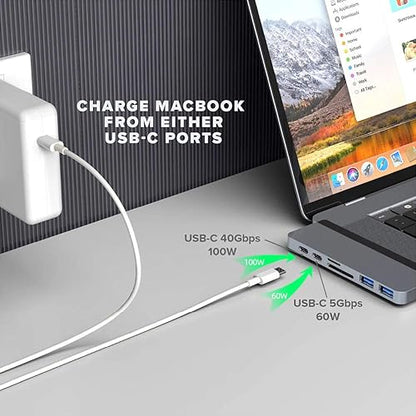HyperDrive USB C Hub, Mac Type-C Dual Hub Adapter for MacBook Pro Air 13" 15" 16" iPad Pro, USB-C Devices, 7in2: USBC PD 100W 40Gbps, 4K HDMI, microSD/SD Card Reader, 2xUSB 3.1 Sanho Space Grey